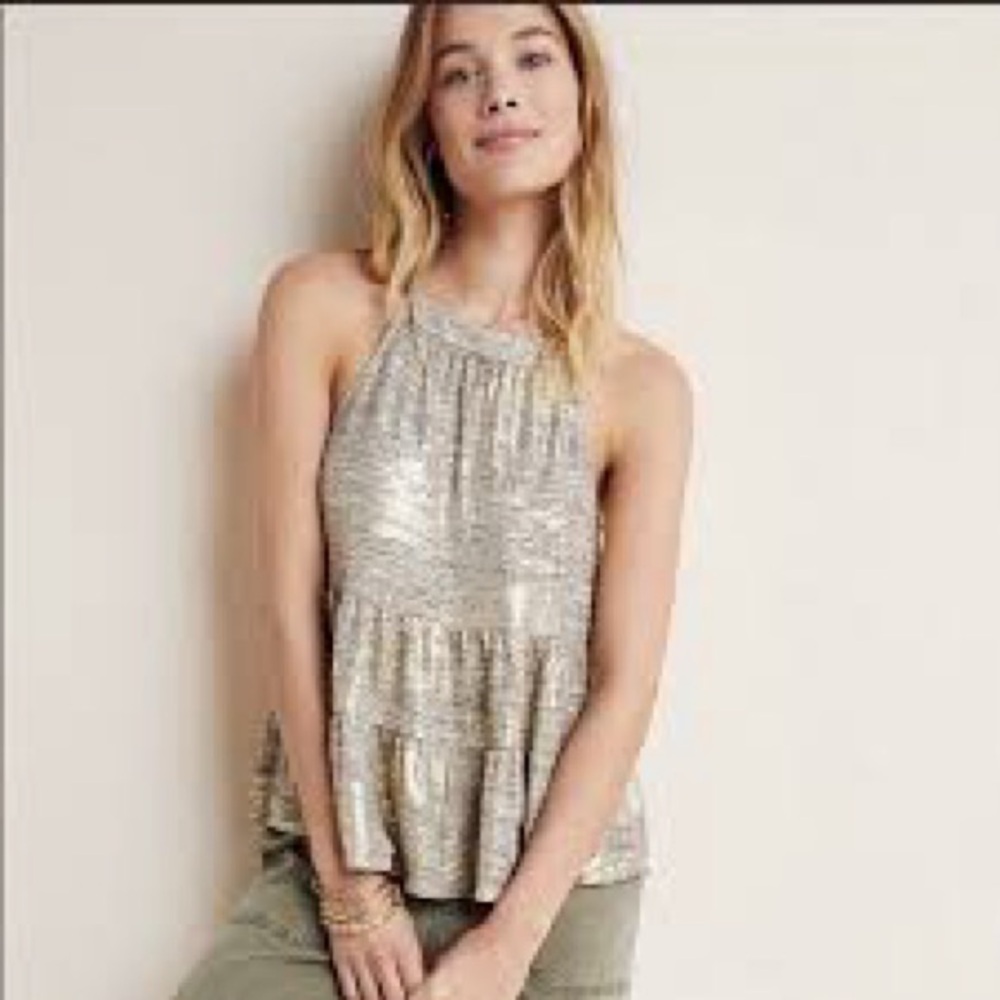 Anthropologie Becca Tiered strap shirt shimmery pewter Medium